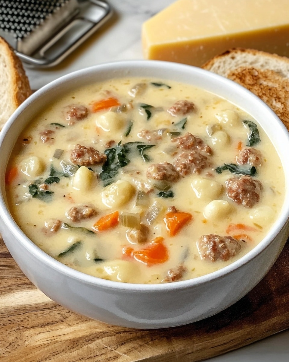 A white bowl filled with a thick, creamy soup that has a yellow color base. The soup contains several light pink shrimp, green spinach leaves, and small pieces of light brown sausage mixed throughout. The top center is sprinkled with grated white cheese. The bowl sits on a wooden surface next to two toasted bread slices. To the right, a metal grater with a block of cheese is partly visible. The whole scene is on a white marbled texture. photo taken with an iphone --ar 4:5 --v 6.1