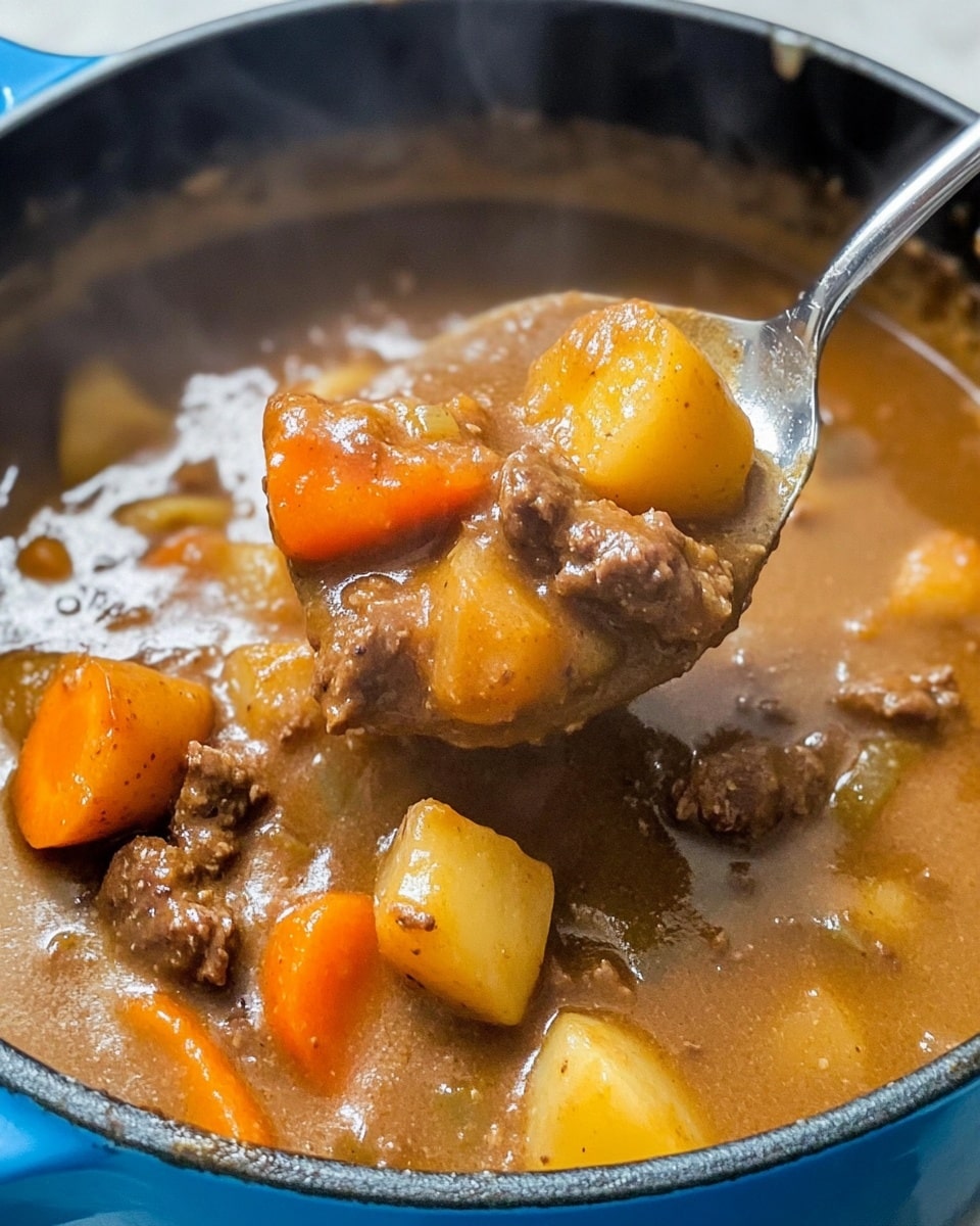 A close-up view of a thick stew in a blue pot, with a metal spoon lifting a large spoonful of chunky stew above the pot. The stew has visible pieces of rich brown meat, orange carrot slices, and large yellow potato chunks all mixed in a smooth, creamy brown sauce that coats the ingredients. The inside of the pot shows some sauce splashed on the sides. The background surface is a white marbled texture. photo taken with an iphone --ar 4:5 --v 6.1
