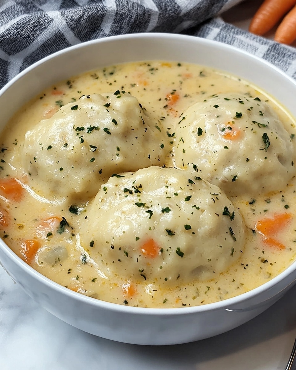 The image shows a white bowl filled with a creamy, thick soup that has a light yellow color. Inside the soup, there are four large, round dumplings that have a soft, bumpy texture and are lightly browned, sprinkled with small green herb bits. The soup also contains small chunks of orange carrots and other small pieces that blend into the creamy broth. The bowl is placed on a white marbled surface with a gray and white checkered towel in the background. Photo taken with an iphone --ar 4:5 --v 6.1