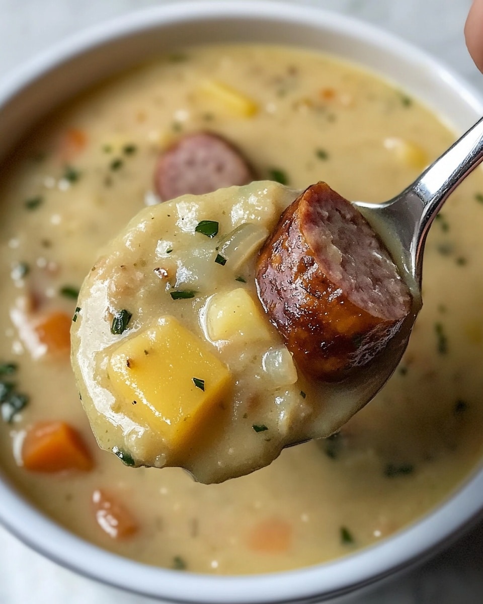 A close-up of a creamy soup in a white bowl, filled with thick, pale yellow broth mixed with small green herbs and bits of orange vegetable pieces. On a spoon held above the bowl, a large chunk of soft yellow potato and a thick slice of brown sausage are visible, both covered with the creamy soup. The soup has a rich and slightly chunky texture, showing bits of onion and herbs throughout. The background shows the soup still inside the white bowl on a white marbled surface. Photo taken with an iphone --ar 4:5 --v 6.1