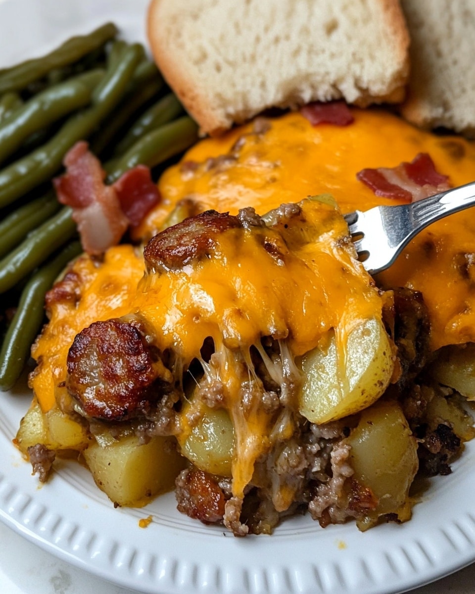 A close-up view of a white pan filled with a cooked dish that has round slices of browned sausage mixed with soft, golden-brown potato slices and topped with melted, bright yellow cheese. The cheese is gooey and drapes over the sausage and potatoes in thick layers, creating a shiny texture. A silver spatula lifts a portion of the mix showing the sausage and potato pieces covered in cheese with some cheese strands stretching back down to the pan. The background shows a white marbled surface beneath the pan. photo taken with an iphone --ar 4:5 --v 6.1