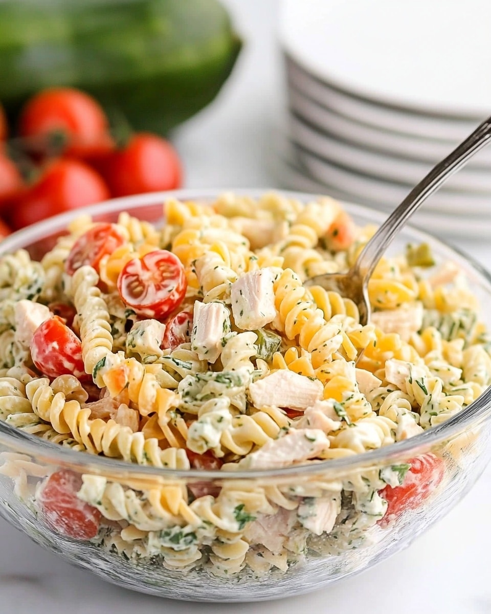 A clear glass bowl filled with three-color rotini pasta salad, showing spiraled pasta in creamy white, green, and orange colors mixed with small pieces of light beige chicken, bright red cherry tomato halves, and thin yellow cheese shreds. The salad has a creamy texture with visible herbs mixed in. A silver spoon scoops into the salad, lifting some pasta and ingredients. The bowl sits on a white marbled surface with a group of red cherry tomatoes and a green squash blurred in the background, and a stack of white plates and silver forks off to the side. Photo taken with an iphone --ar 4:5 --v 6.1