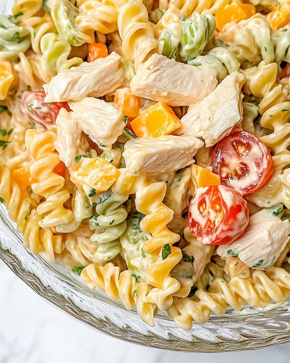 This image shows a close-up of a creamy pasta salad in a white bowl with a textured glass edge. The salad includes three colors of spiral pasta: orange, yellow, and green. Mixed in are chunks of white chicken pieces and small red grape tomatoes. There are also small bits of green herbs and shredded orange cheese scattered throughout. The creamy white dressing coats the ingredients evenly, giving them a slightly shiny texture. The bowl rests on a white marbled surface. Photo taken with an iphone --ar 4:5 --v 6.1