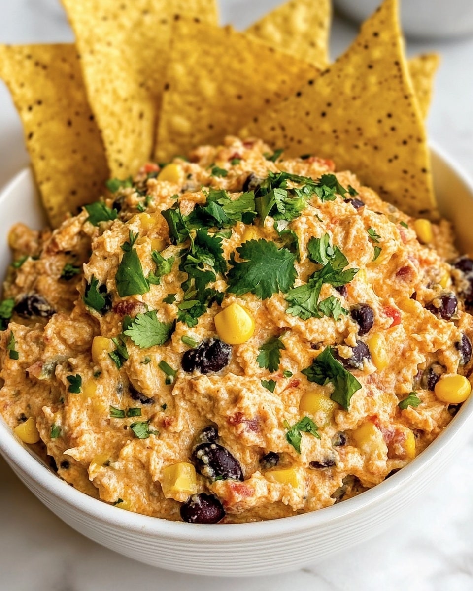 A white bowl holds a creamy dip made of shredded light orange pieces mixed with black beans, yellow corn, small red tomato bits, and green herbs sprinkled on top. The creamy mixture has a rough, chunky texture. On one side of the bowl, several triangular yellow tortilla chips rest neatly, their crisp texture clear. The bowl is placed on a white marbled surface, giving a clean and fresh look. Photo taken with an iphone --ar 4:5 --v 6.1
