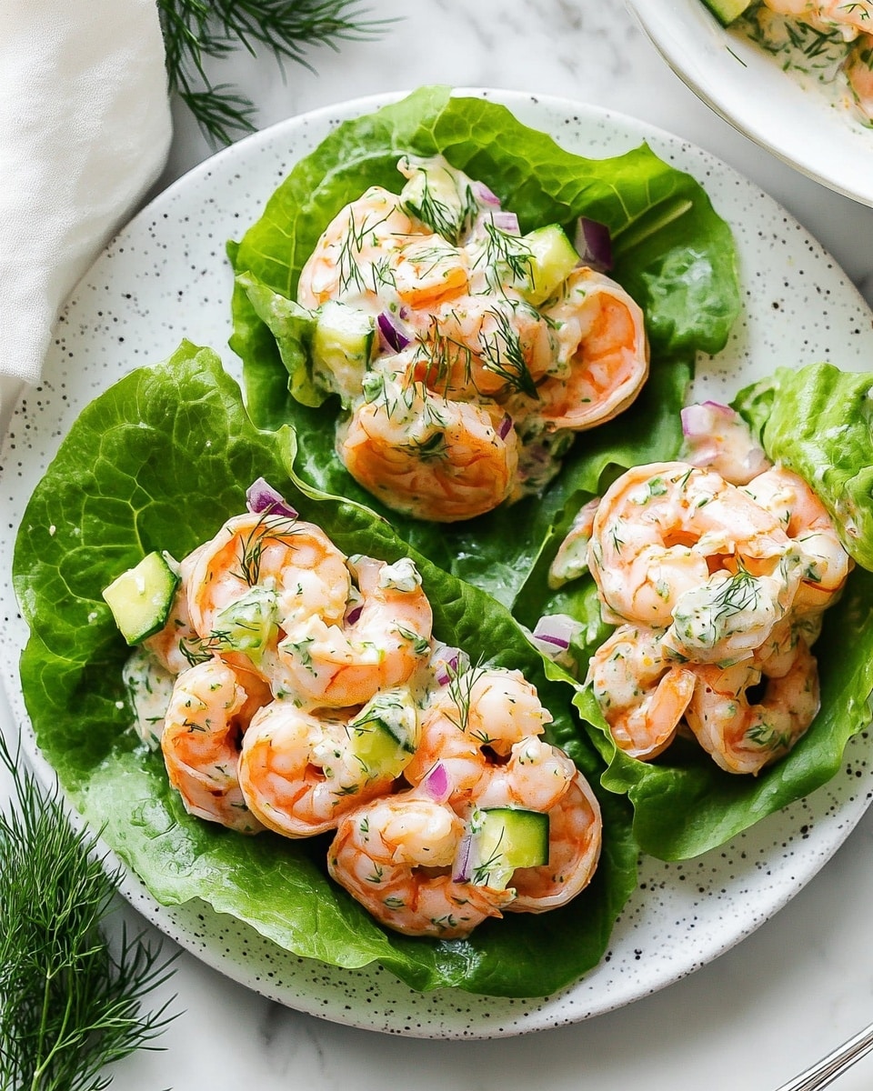 Three large green lettuce leaves are placed on a round white speckled plate that sits on a white marbled surface. Each lettuce leaf holds a mound of pinkish-orange shrimp coated in a creamy white sauce mixed with small pieces of light green cucumber and tiny bits of purple-red onion, all sprinkled with small green dill leaves. To the left of the plate, fresh green dill sprigs lay loosely on the white marbled surface. On the top edge of the image, part of a white bowl filled with more shrimp in the same creamy dressing is visible, with a spoon resting on its side. A white cloth is partly visible at the bottom right corner. photo taken with an iphone --ar 4:5 --v 6.1