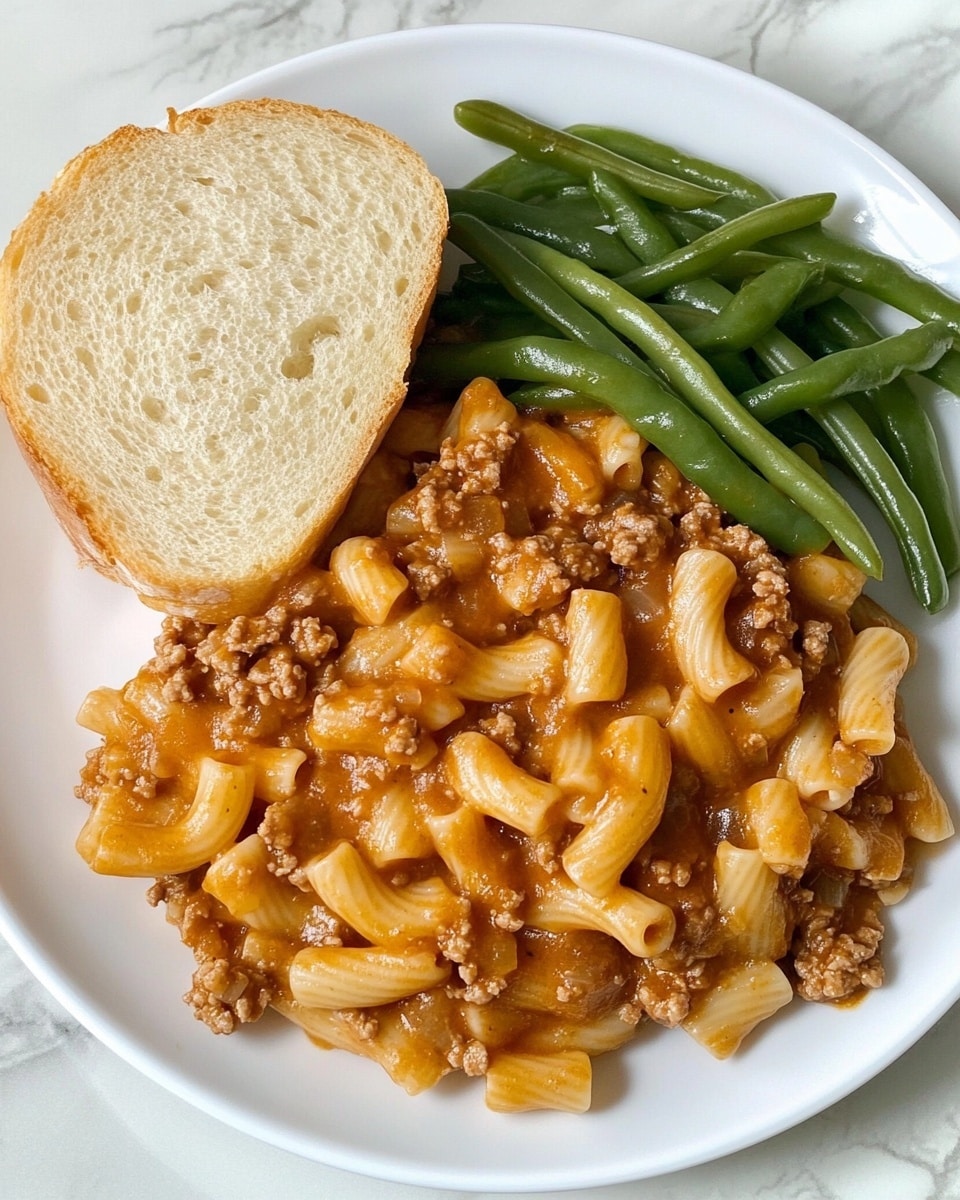 This image shows a white plate with three main parts. On the bottom left, there is a large serving of pasta mixed with small pieces of meat, all covered in a light brown sauce that looks smooth and creamy. The pasta is tubular and slightly shiny. On the top right, there is a portion of cooked green beans, which are a dull green color with a little bit of shine, and look soft and well-cooked. On the top left, there is a slice of white bread with a thick layer of melted butter spread evenly across its top surface. The plate sits on a granite countertop. A fork is holding some pasta above the plate, and a woman's hand is partly visible holding the fork. Photo taken with an iphone --ar 4:5 --v 6.1