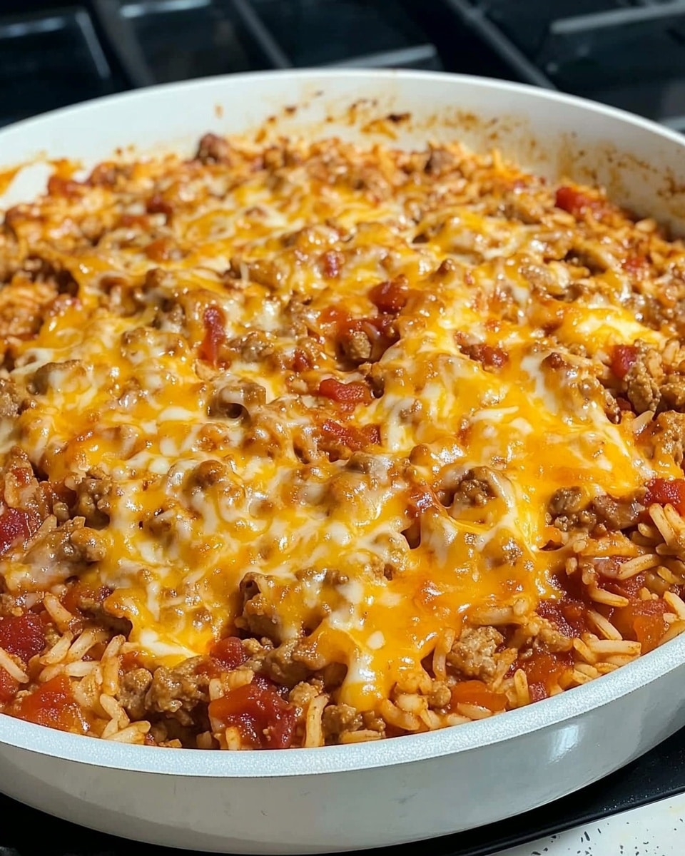 A white pan filled with a single-layer dish made of rice mixed with small pieces of browned meat and bits of red vegetables, all coated in a reddish sauce. On top, there is a layer of melted bright yellow cheese that looks shiny and smooth, draped unevenly over the rice and meat mixture. The sides of the pan have some remnants of the sauce, giving a slightly messy but hearty look. The pan sits on a black stove, but the surface is changed to a white marbled texture. photo taken with an iphone --ar 4:5 --v 6.1