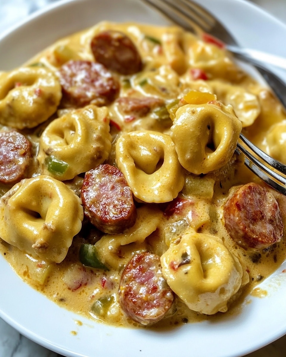 A white plate holds a creamy pasta dish with three main layers: the bottom layer shows shell-shaped pasta coated in thick yellow cheese sauce, the middle layer features round slices of browned sausage mixed evenly, and the top layer contains small pieces of diced green and red vegetables scattered throughout the sauce. In the background, there is a white bowl filled with more of the same pasta, and a white plate holding three slices of golden-yellow garlic bread, all placed on a white marbled textured surface. photo taken with an iphone --ar 4:5 --v 6.1