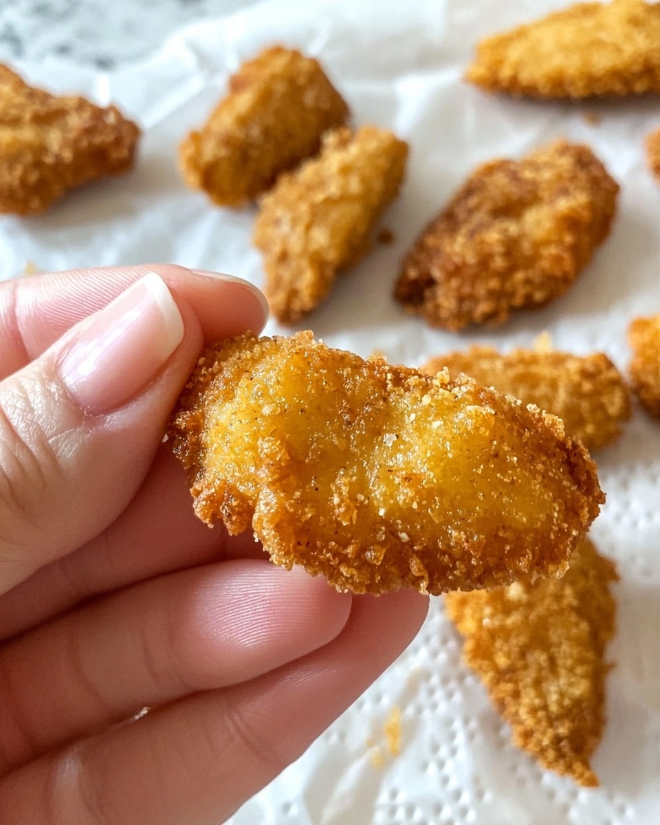 The image shows a close-up of two woman's hands holding a golden-brown fried nugget piece with a bumpy and crispy texture, with oil shining slightly on its surface. In the background, several other fried nugget pieces rest on a white paper towel, showcasing a rough, crunchy coating ranging from light to darker brown. The background surface has been changed to a white marbled texture, adding contrast to the warm colors of the nuggets. photo taken with an iphone --ar 4:5 --v 6.1