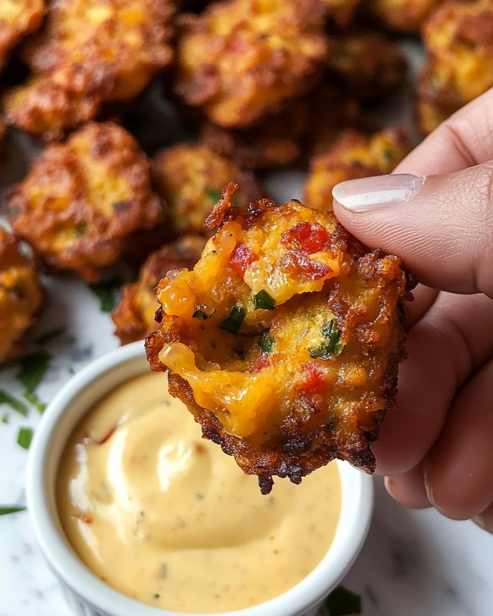 A close-up of a person's fingers holding a small, crispy golden-brown fritter with visible bits of red and green inside. The fritter is partially dipped in smooth, pale yellow sauce. In the background, there is a pile of similar fritters on a large white plate with some green herbs sprinkled on top. A small white bowl filled with the same yellow sauce sits in front of the fritters. The whole scene is set on a white marbled surface. photo taken with an iphone --ar 4:5 --v 6.1