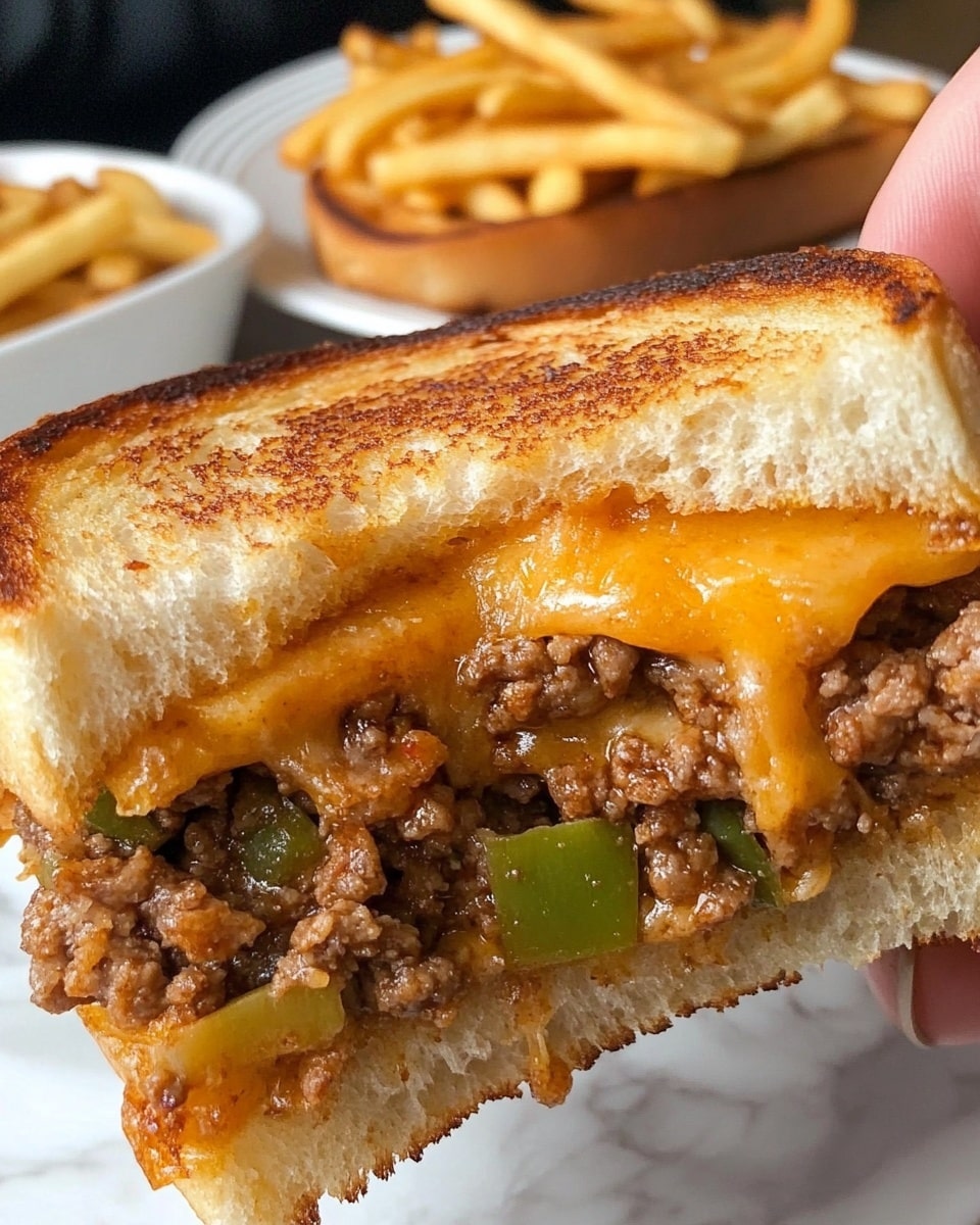 A close-up image shows a sandwich held by a woman's hand, featuring two crispy, golden-brown grilled cheese pieces forming the bread with melted orange cheese inside. Between the grilled bread layers, there is a thick filling of cooked ground meat mixed with small bits of green bell pepper and onions, which appear juicy and tender. The sandwich sits on a white plate with a side of golden fries in the background, and another sandwich is visible on a white dish further back. The setting includes a white marbled surface beneath the plates. photo taken with an iphone --ar 4:5 --v 6.1