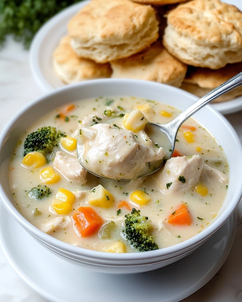 A white bowl filled with creamy chicken and vegetable soup that has visible pieces of shredded chicken, yellow corn, orange carrots, green broccoli, and green beans in a thick, pale beige sauce. A round biscuit with a golden-brown top sprinkled with green herbs sits on the edge of the soup. In the background, on a white rectangular plate, more of the same biscuits are stacked. The bowl sits on a white saucer placed on a white marbled surface with a brown woven placemat partially visible. The photo taken with an iphone --ar 4:5 --v 6.1