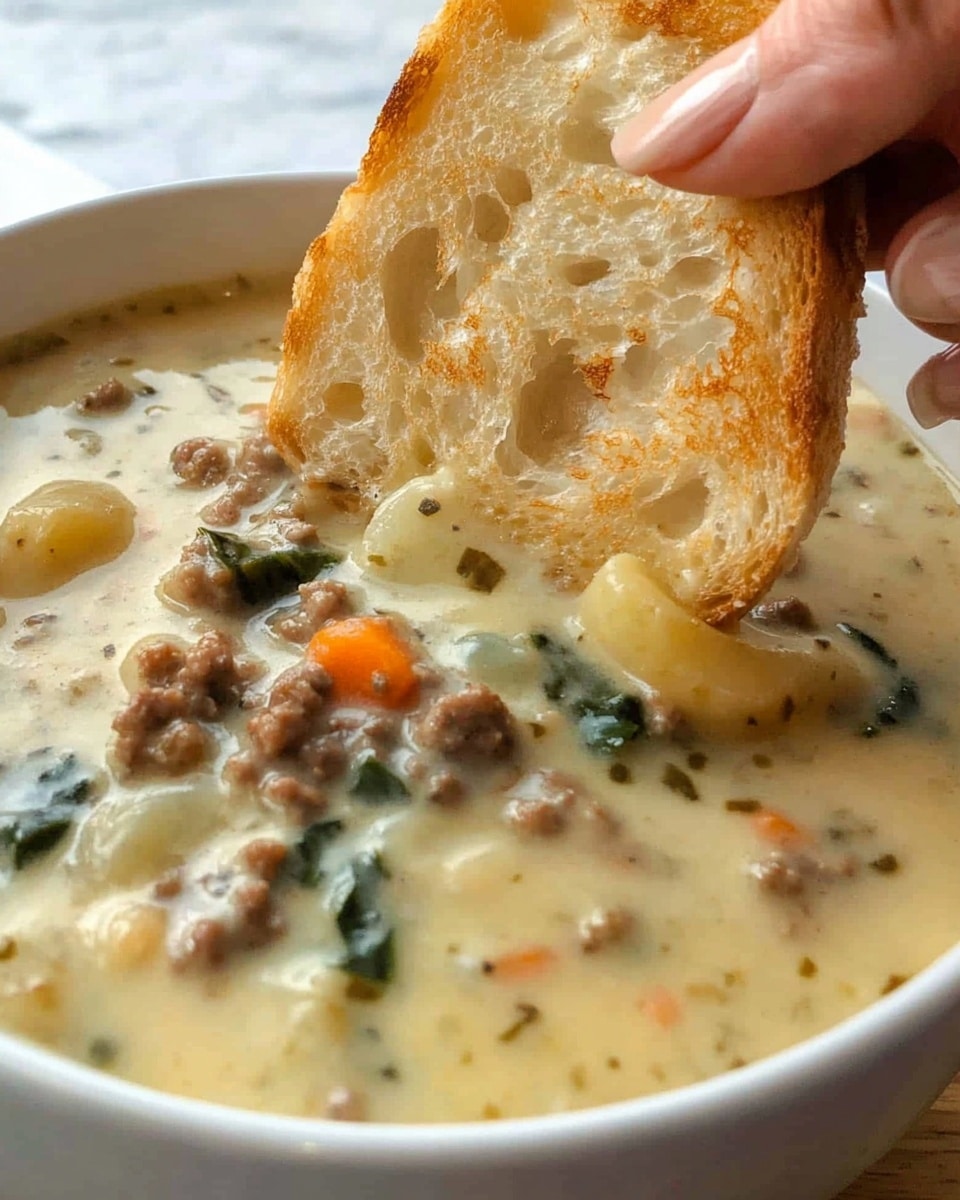A white bowl is filled with a thick creamy soup that has a pale yellow color, mixed with small pieces of light brown sausage, orange carrot slices, white gnocchi-like pasta, and dark green leafy vegetables. The soup looks smooth and rich, with ingredients evenly spread throughout. The bowl sits on a wooden cutting board with two slices of toasted bread beside it, showing a golden brown crust and light toasty surface. The background shows a white marbled surface with a metal cheese grater and a block of light yellow cheese. Photo taken with an iphone --ar 4:5 --v 6.1