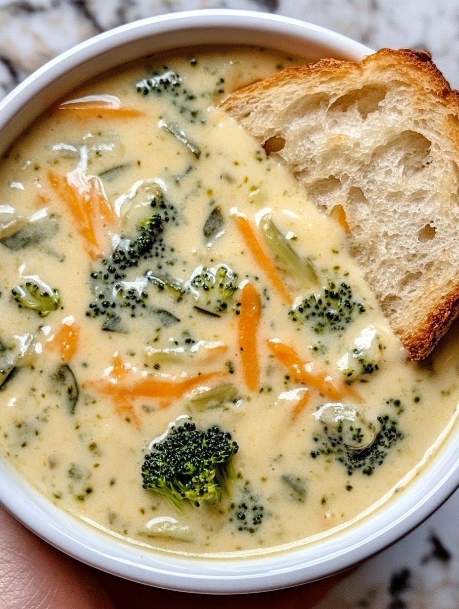 A white bowl filled with creamy broccoli and cheese soup, showing small broccoli pieces and some light orange shredded cheddar cheese scattered on top, creating a bright layer against the creamy yellow soup base. Two toasted bread slices with herbs are placed standing at the back edge of the bowl. The bowl rests on a white marbled surface. Photo taken with an iphone --ar 4:5 --v 6.1