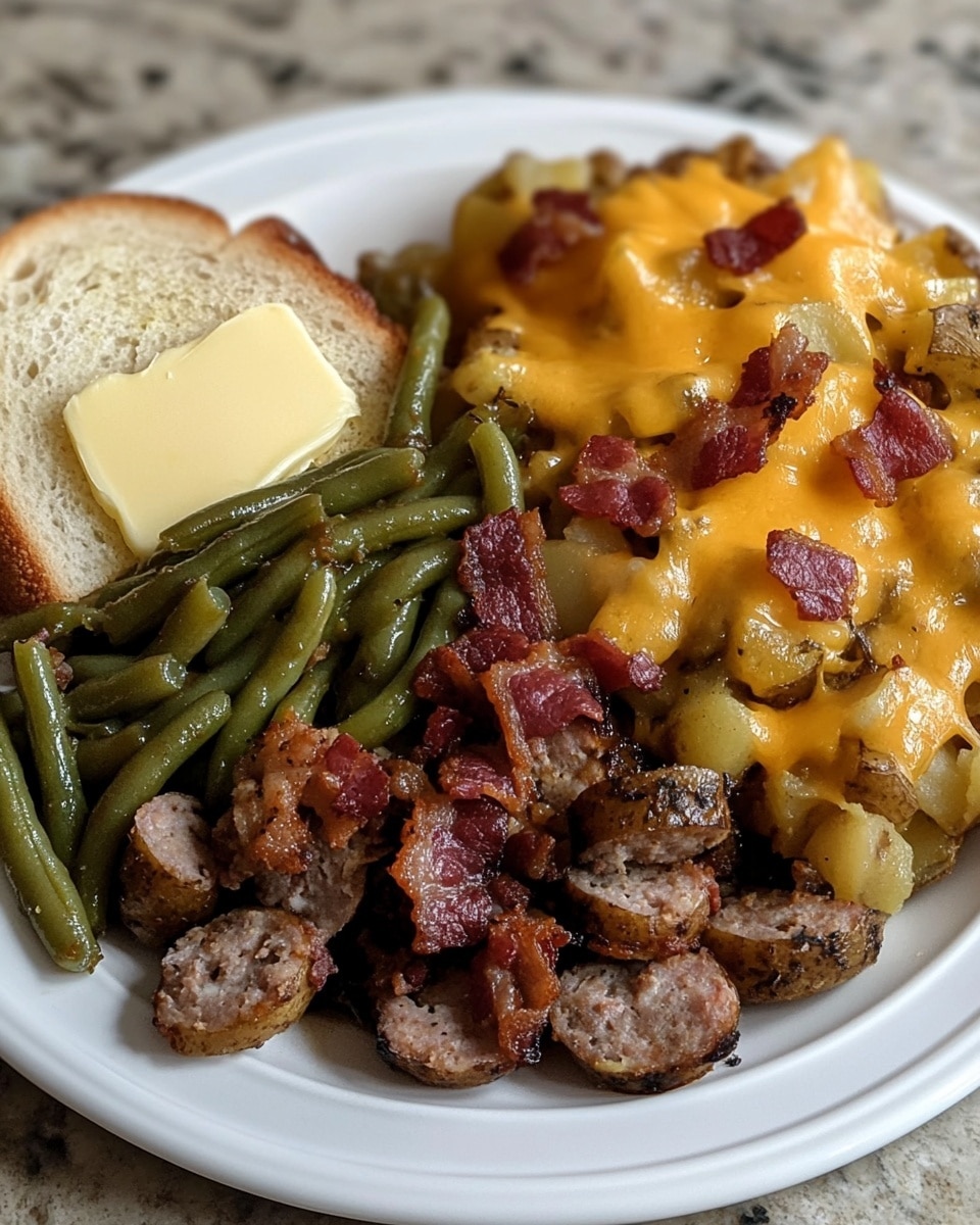A white plate on a white marbled surface holds a serving of cheesy potato and sausage bake with melted cheddar cheese on top. There are slices of browned sausage mixed with golden-brown cooked potatoes, and the cheese looks melted and slightly crispy in some spots. Next to the bake is a pile of green beans with small pieces of bacon, dark green and shiny. A slice of buttered white bread sits on the side of the plate. A silver fork lifts a bite of the bake, showing a thick slice of cheesy potato and a few sausage pieces. Photo taken with an iphone --ar 4:5 --v 6.1
