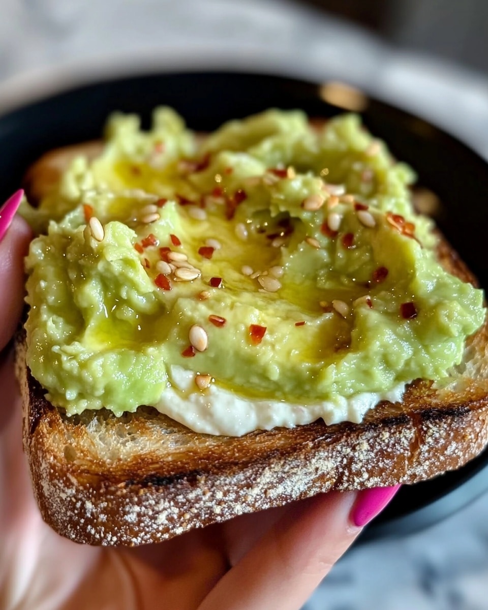 A slice of toasted bread sits on a white plate, covered with a thick layer of white creamy spread, topped with a rough layer of light green avocado spread. There are small drops of golden olive oil drizzled over the avocado layer, and scattered red chili flakes add pops of color on top. The toast has a golden brown crust with a soft, slightly textured surface underneath the toppings. The white plate rests on a white marbled surface photo taken with an iphone --ar 4:5 --v 6.1