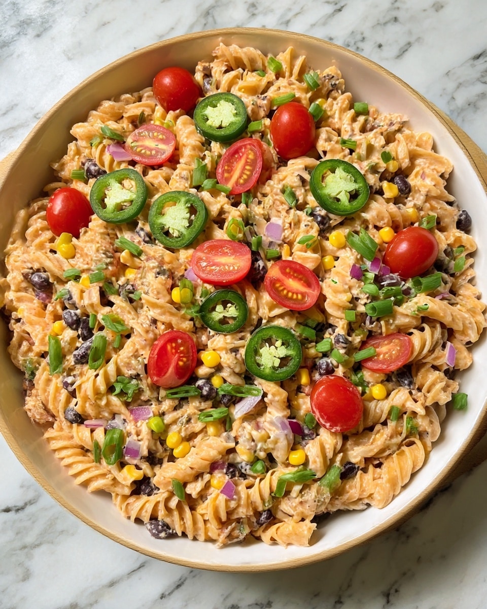 A large wooden bowl filled with a creamy spiral pasta salad. The salad has layers of pale orange pasta mixed with small pieces of black beans, corn, and finely chopped red onion. On top, there are halved bright red cherry tomatoes, thinly sliced green jalapeño rings, and small chopped green onions scattered evenly across. The whole bowl sits on a white marbled surface. Photo taken with an iphone --ar 4:5 --v 6.1