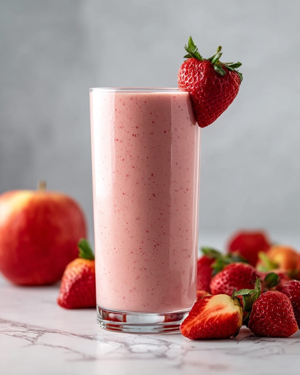 A tall clear glass filled with a smooth, light pink smoothie with tiny red specks inside, topped with a fresh red strawberry with green leaves placed on the edge of the glass. The drink stands on a white marbled surface, surrounded by whole fresh strawberries and a red apple, with a small glass bowl containing light-colored banana slices partially visible to the right. The background is a soft, out-of-focus light grey. Photo taken with an iphone --ar 4:5 --v 6.1