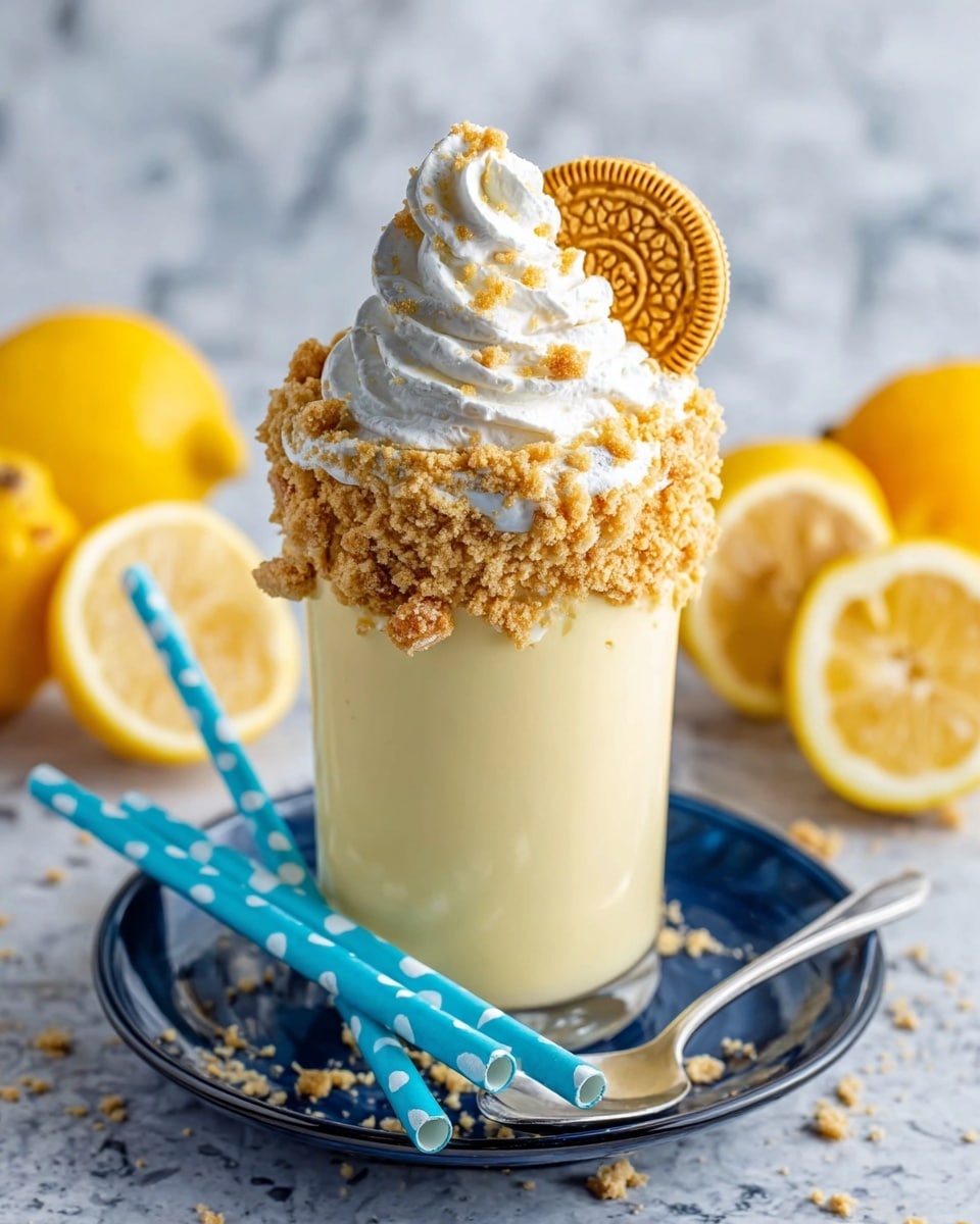 A tall clear glass filled with a smooth pale yellow lemon dessert inside. The rim of the glass is thickly coated with crumbled golden cookie pieces that cling all around. On top of the dessert, there is a generous swirl of white whipped cream garnished with extra crumbled cookie bits and a whole golden Oreo cookie pressed into the cream on one side. The glass sits on a dark blue plate with a silver spoon on it, next to two straws, one turquoise with white polka dots and one blue with white polka dots. In the background, there are some whole and sliced lemons on a white marbled surface. Photo taken with an iphone --ar 4:5 --v 6.1