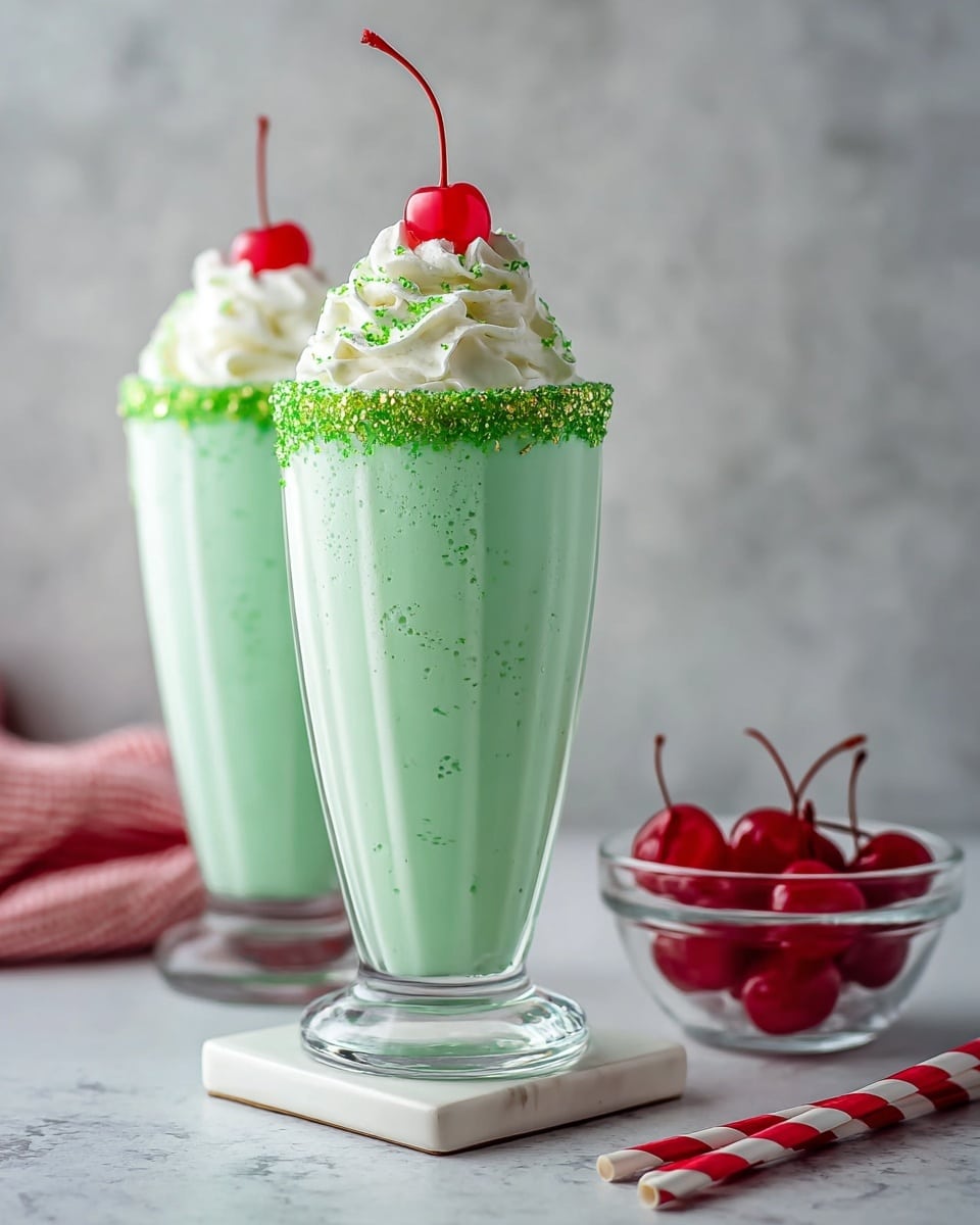 A tall, clear glass filled with a light pastel green milkshake that has a smooth, creamy texture with tiny bubbles throughout. The rim of the glass is coated with green sugar crystals, adding a sparkling effect. On top, there is a swirl of white whipped cream sprinkled with tiny green sugar dots, and a bright red cherry with a long stem sits in the center, standing out against the white cream. The glass is placed on a white marbled surface, with blurred red cherries in a clear bowl and another similar glass in the background. photo taken with an iphone --ar 4:5 --v 6.1