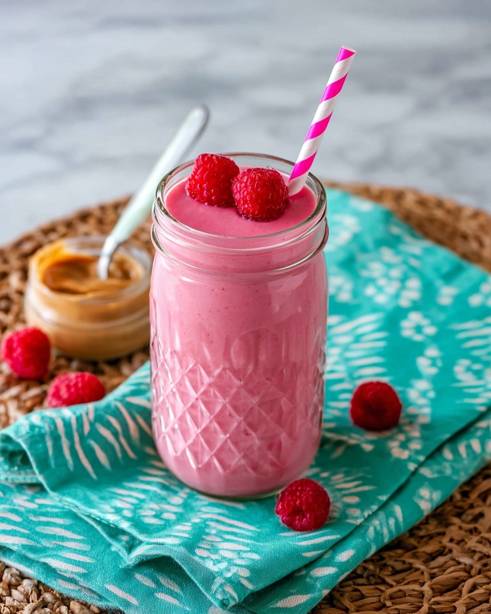A pink smoothie fills a tall clear glass jar with a diamond pattern, topped with two fresh red raspberries. A pink and white striped straw stands upright in the smoothie. The jar sits on a teal cloth with white patterns, placed on a white marbled surface. Nearby, some loose raspberries and a knife with peanut butter on the blade lie on a woven placemat under the cloth. Photo taken with an iphone --ar 4:5 --v 6.1