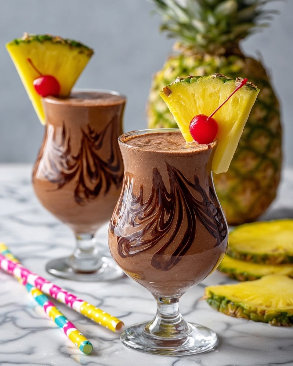 A tall, clear glass filled with a thick brown drink that has dark chocolate syrup swirled inside, giving a marbled effect. The drink is garnished with a bright yellow pineapple slice on the rim, holding a red cherry with a stem. Behind the main glass, there is another glass with a similar drink, both placed on a white marbled surface. Around them, there are chunks of fresh pineapple and three colorful paper straws (pink with white dots, yellow with white dots, and blue with white dots) lying on the surface. A whole pineapple stands blurred in the background. Photo taken with an iphone --ar 4:5 --v 6.1