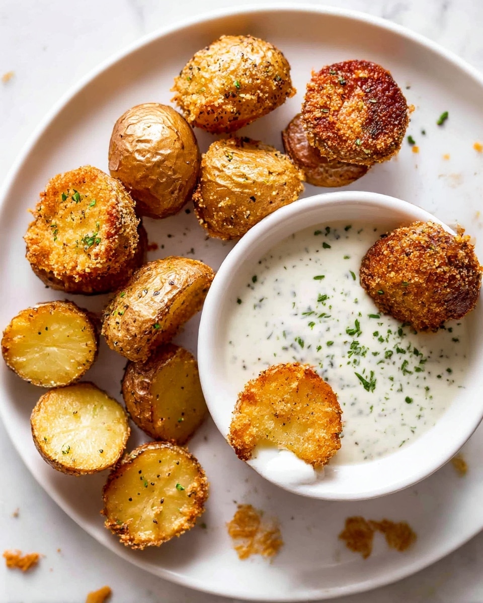 A white plate holds several golden brown, round potato pieces that are crispy on the outside with a rugged texture and sprinkled with black pepper and herbs; some are whole small potatoes with shiny skins, while others are sliced in half, showing a soft inside. On the right side of the plate is a white bowl filled halfway with a creamy white sauce speckled with small green herbs, with one crispy potato piece partly dipped in the sauce. The plate sits on a white marbled surface with small crumbs scattered around. Photo taken with an iphone --ar 4:5 --v 6.1