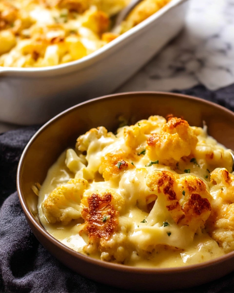 The image shows a close-up of a brown bowl filled with creamy, melted cheese sauce covering roasted cauliflower florets. The cauliflower has parts with a golden-brown crispy texture on top, contrasting with the creamy yellow sauce that pools around it. Small green herb bits are sprinkled on top, adding a bit of color and freshness to the dish. In the background, there is a white dish also filled with more of the creamy cauliflower bake, faintly blurred to keep the focus on the front bowl. The bowl rests on a dark cloth over a white marbled surface. Photo taken with an iphone --ar 4:5 --v 6.1