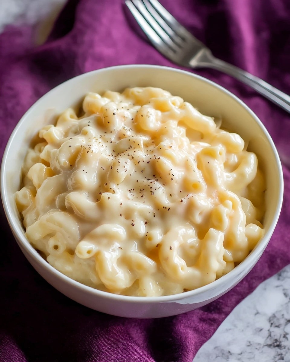 A close-up of a baked macaroni and cheese dish in a rectangular baking pan, showing two main layers: the top layer is golden brown with melted, slightly browned cheese that has a bubbly and textured surface with patches of darker caramelized spots, while the bottom layer reveals creamy, thick macaroni pasta coated in white cheese sauce, with some pasta pieces peeking through; a wooden spoon covered with the same creamy sauce is scooping from the bottom right, showing the soft, smooth, and rich texture underneath; the pan rests on a white marbled surface photo taken with an iphone --ar 4:5 --v 6.1