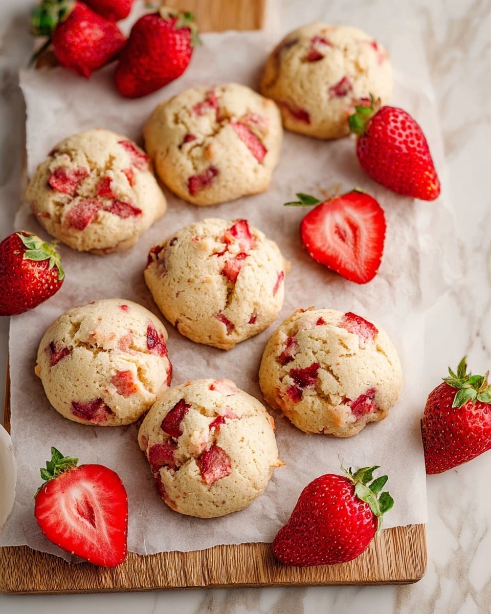 The image shows a group of small, round cookies scattered on white parchment paper placed on a wooden board. Each cookie is light golden brown with small chunks of bright red strawberries embedded throughout, giving them a slightly bumpy texture. Among the cookies are several fresh strawberries, some whole with green leaves and others sliced in half, showing their juicy red insides. The background surface is a white marbled texture, adding a clean and fresh feel to the arrangement. Photo taken with an iphone --ar 4:5 --v 6.1