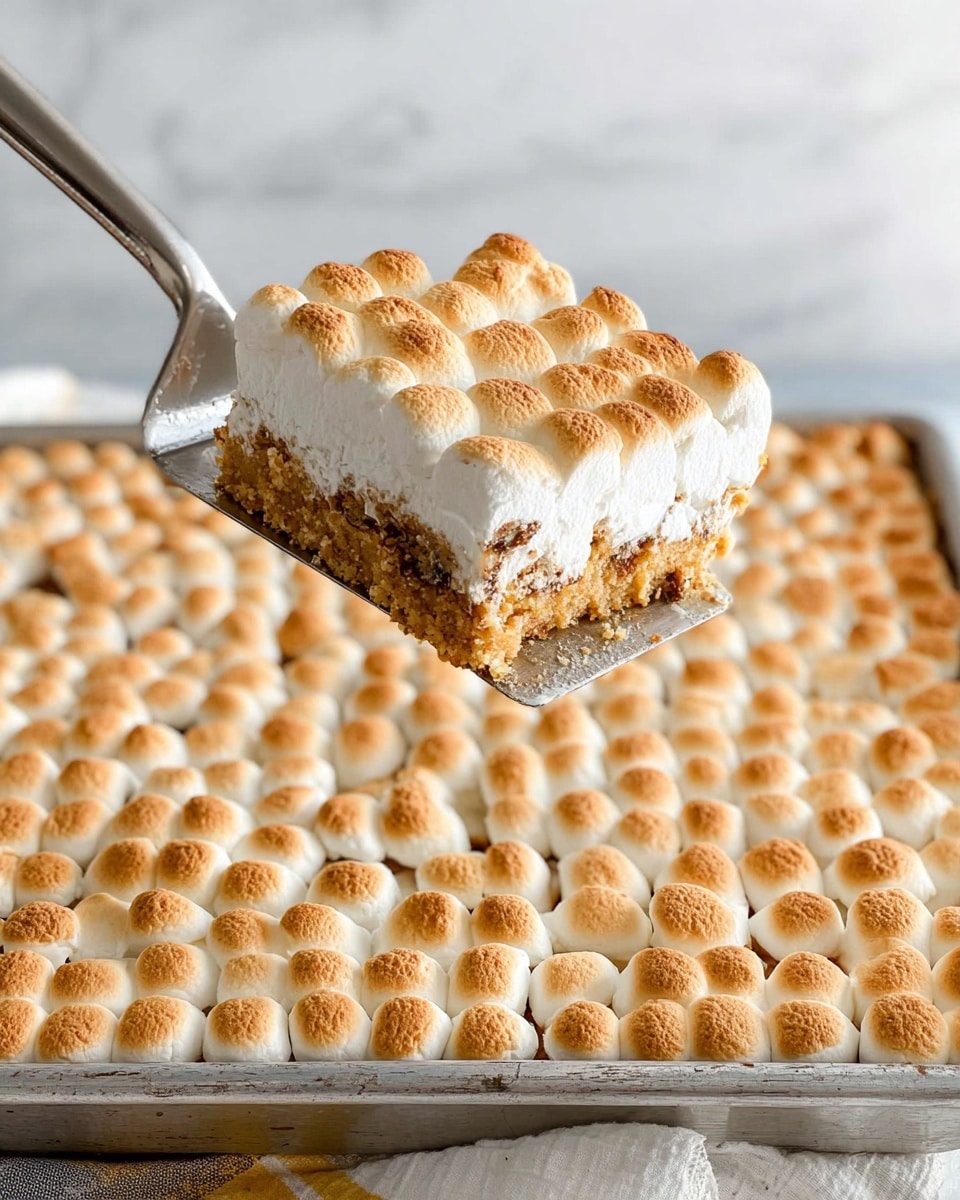 A square dessert bar is being lifted by a silver spatula from a metal baking pan, showing three layers: a bottom layer of golden brown crumbly crust, a middle creamy white layer, and a top layer of evenly toasted small marshmallows that are light to medium brown on top with a soft, puffy texture. The marshmallows cover the entire surface in a tight grid pattern. The white marbled background is visible beneath the pan. photo taken with an iphone --ar 4:5 --v 6.1