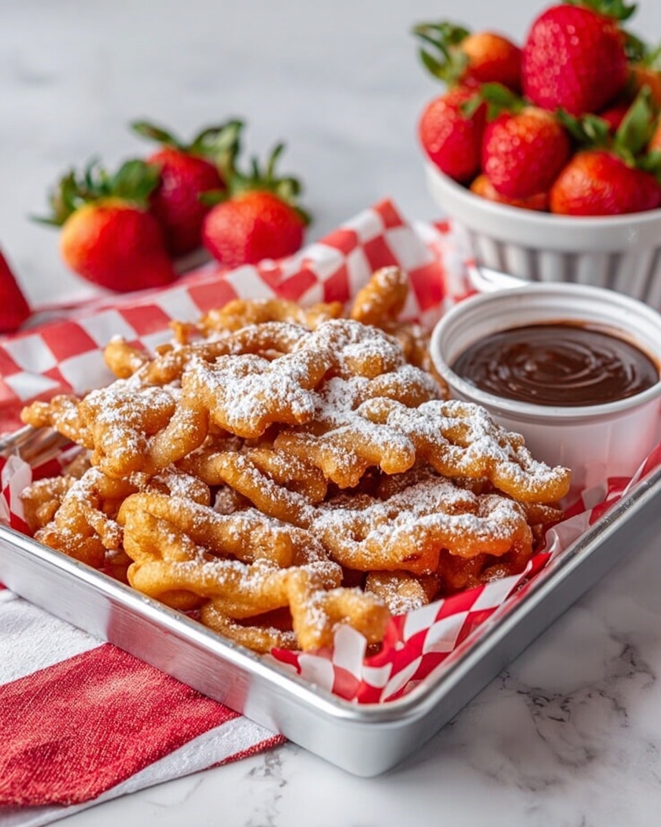 A white rectangular plate holds a pile of golden brown funnel cakes dusted with white powdered sugar, with two fresh red strawberry halves placed on the side of the cake pile. On the left corner of the plate is a small white square dish filled with brown caramel sauce, and on the right corner another small white square dish with red strawberry jam. Around the plate on a white marbled surface, there are several whole bright red strawberries with green tops, a small bowl filled with strawberries in the top left corner, and a metal tray lined with red checkered paper holding more powdered sugar-dusted funnel cakes in the top right. A blue and white checkered cloth is partially visible at the bottom left. photo taken with an iphone --ar 4:5 --v 6.1