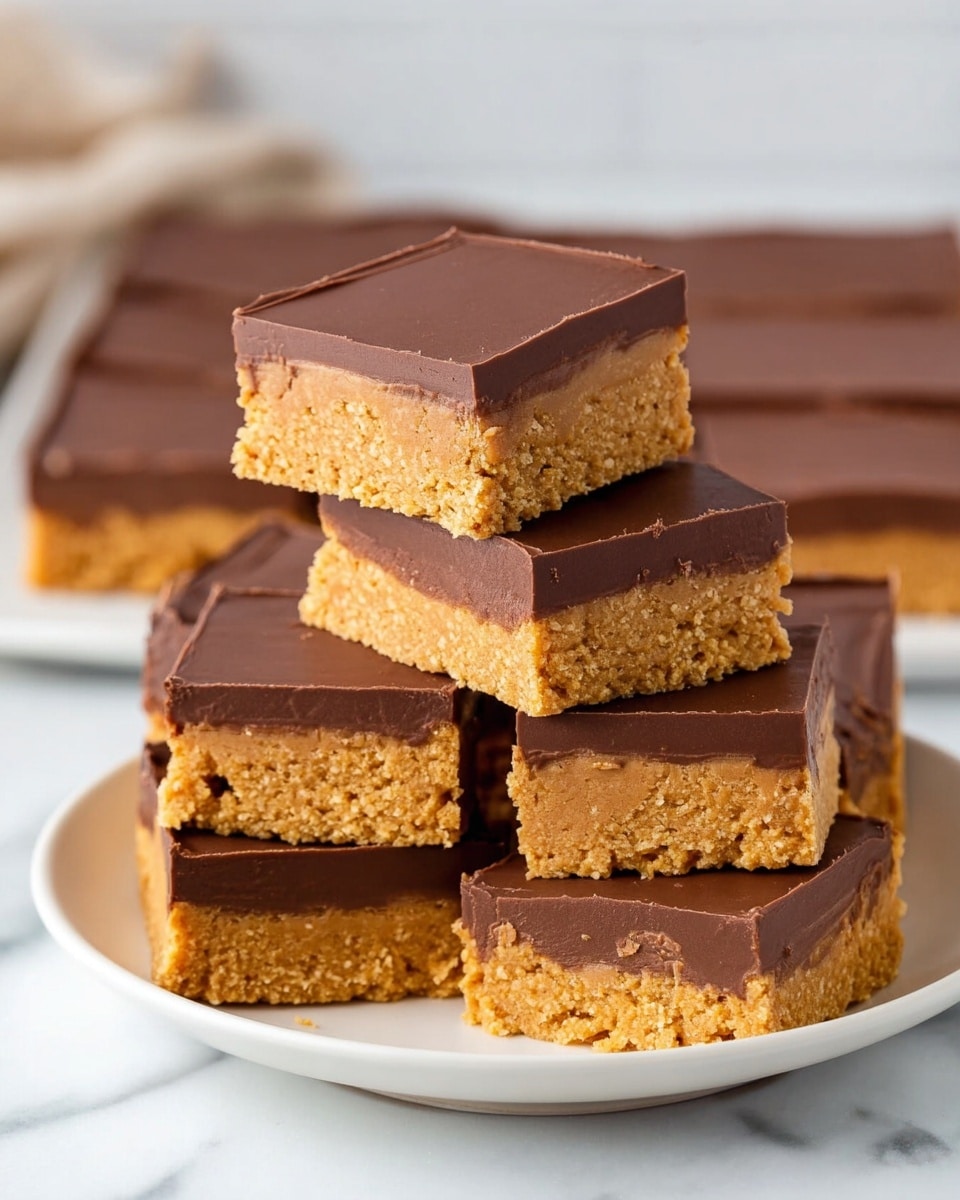 The image shows a stack of chocolate peanut butter bars placed on a white plate sitting on a white marbled surface. Each bar has two layers: a thick, crumbly, golden peanut butter base with a slightly rough texture, and a smooth, rich milk chocolate layer on top that has a glossy finish. The bars are cut into neat squares with sharp edges. The top chocolate layer is even and flat, while the peanut butter bottom appears dense but soft. Photo taken with an iphone --ar 4:5 --v 6.1