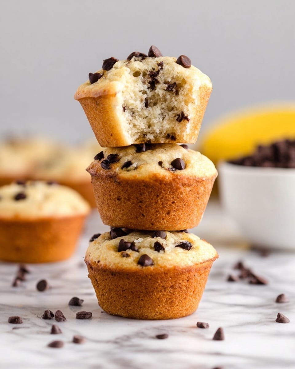A close-up view of several small, round muffins stacked together on a white marbled surface. The muffins are light golden brown with a soft, fluffy texture inside, and are dotted generously with dark brown chocolate chips on the top and within each muffin. One muffin is shown bitten into, revealing the moist crumb and melted chocolate chips inside. The overall color of the muffins contrasts with the white marbled background, highlighting their warm, inviting look. Photo taken with an iphone --ar 4:5 --v 6.1