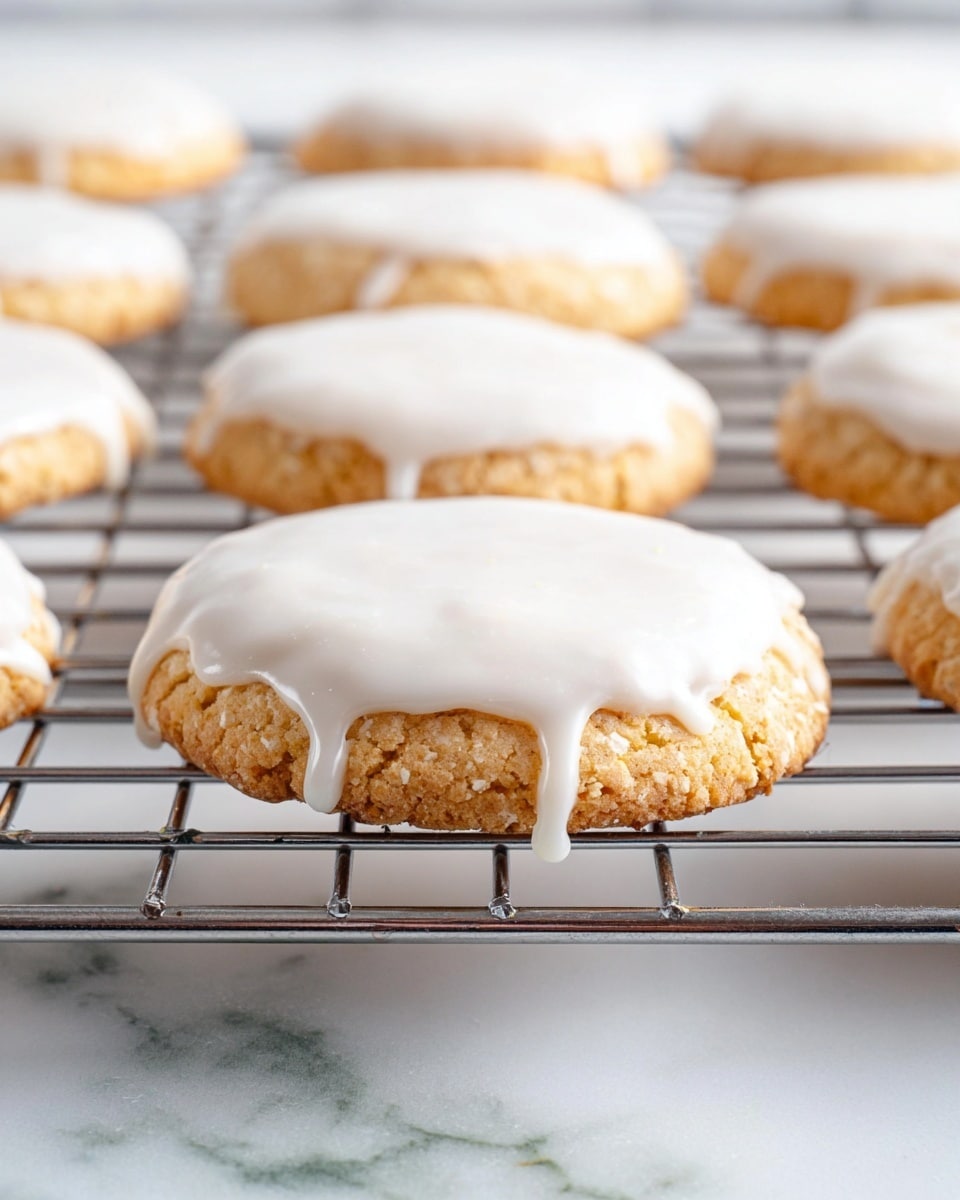 A group of round cookies with a rough texture is spread out on a white marbled surface. Each cookie has a thick layer of smooth white icing on top that slightly drips down the edges, covering the top fully but leaving the golden-brown sides visible. The cookies are unevenly shaped, with some cracks and small dry oats around them on the surface. The light highlights the soft texture of the icing and the crumbly look of the cookie base, creating a cozy and sweet appearance. Photo taken with an iphone --ar 4:5 --v 6.1