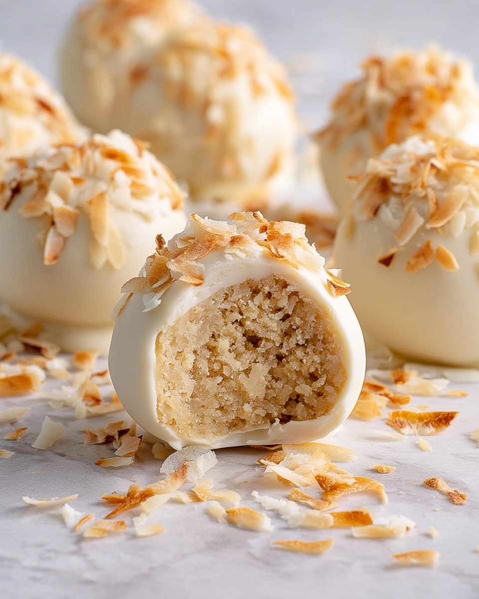 The image shows several round truffles placed on a surface with a white marbled texture. Each truffle has two main layers: a creamy off-white outer coating with a smooth texture, topped with scattered toasted coconut flakes that add a golden-brown color and a crunchy look. One truffle in the front is cut in half, revealing a dense, grainy inner layer with a light beige color that looks moist and soft. More toasted coconut flakes are scattered around the truffles on the white marbled surface, adding a natural touch. Photo taken with an iphone --ar 4:5 --v 6.1