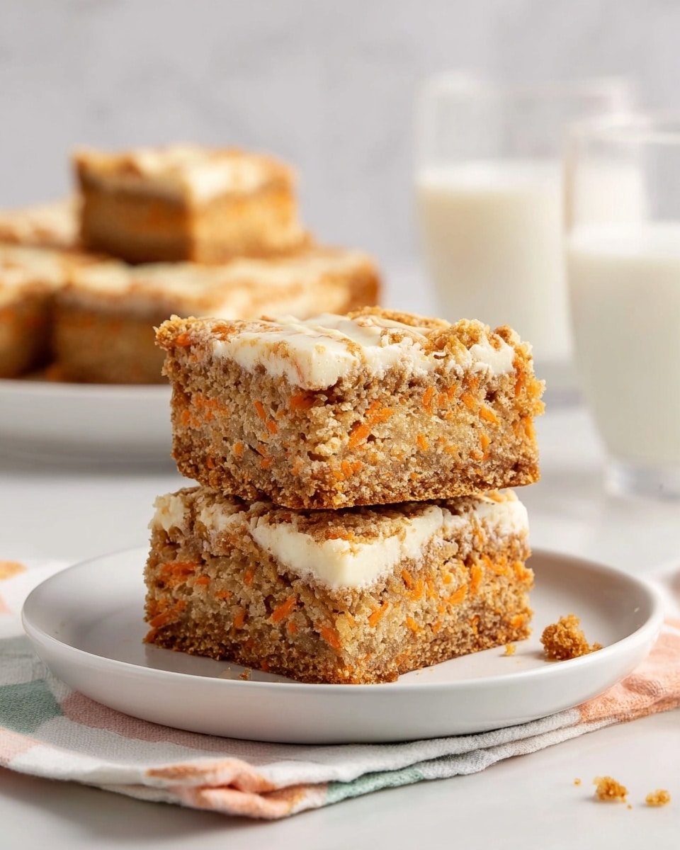 Two square pieces of carrot cake bars are stacked on a white plate placed on a white marbled surface. Each bar shows three layers with the bottom and top layers being a light brown textured cake with visible orange bits from shredded carrot. The middle layer is creamy and off-white, thicker than a simple frosting, giving a rich contrast to the cake layers. The edges are rough and crumbly, and a small crumb sits on the plate near the bottom bar. In the background, blurry glasses with white drinks and a white plate holding more cake bars can be seen. photo taken with an iphone --ar 4:5 --v 6.1