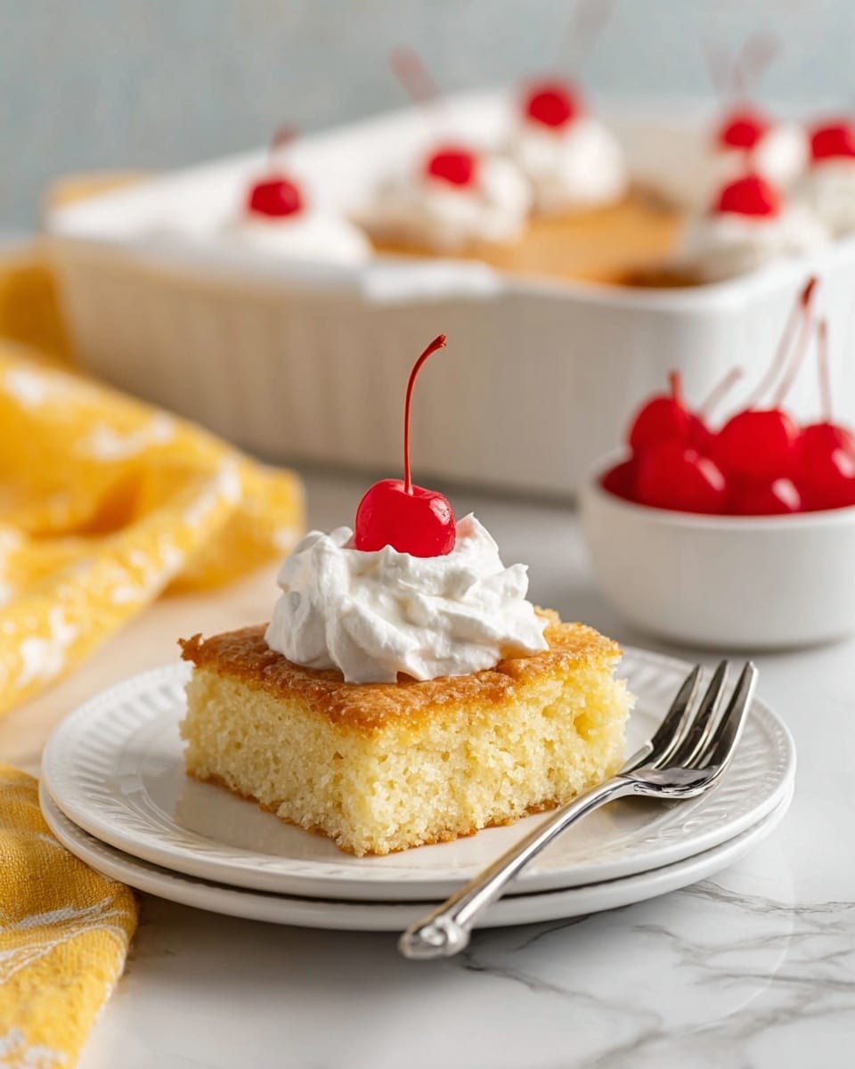 The image shows a square piece of light yellow cake with a golden brown crust on top, placed on a white plate. On the cake, there is a dollop of white whipped cream with a bright red cherry sitting on top. Next to the plate is a silver fork. In the background, there is a white rectangular baking dish with more cake pieces topped with whipped cream and cherries. Also visible is a small white bowl filled with red cherries, placed on a white marbled surface with a soft yellow cloth nearby. Photo taken with an iphone --ar 4:5 --v 6.1