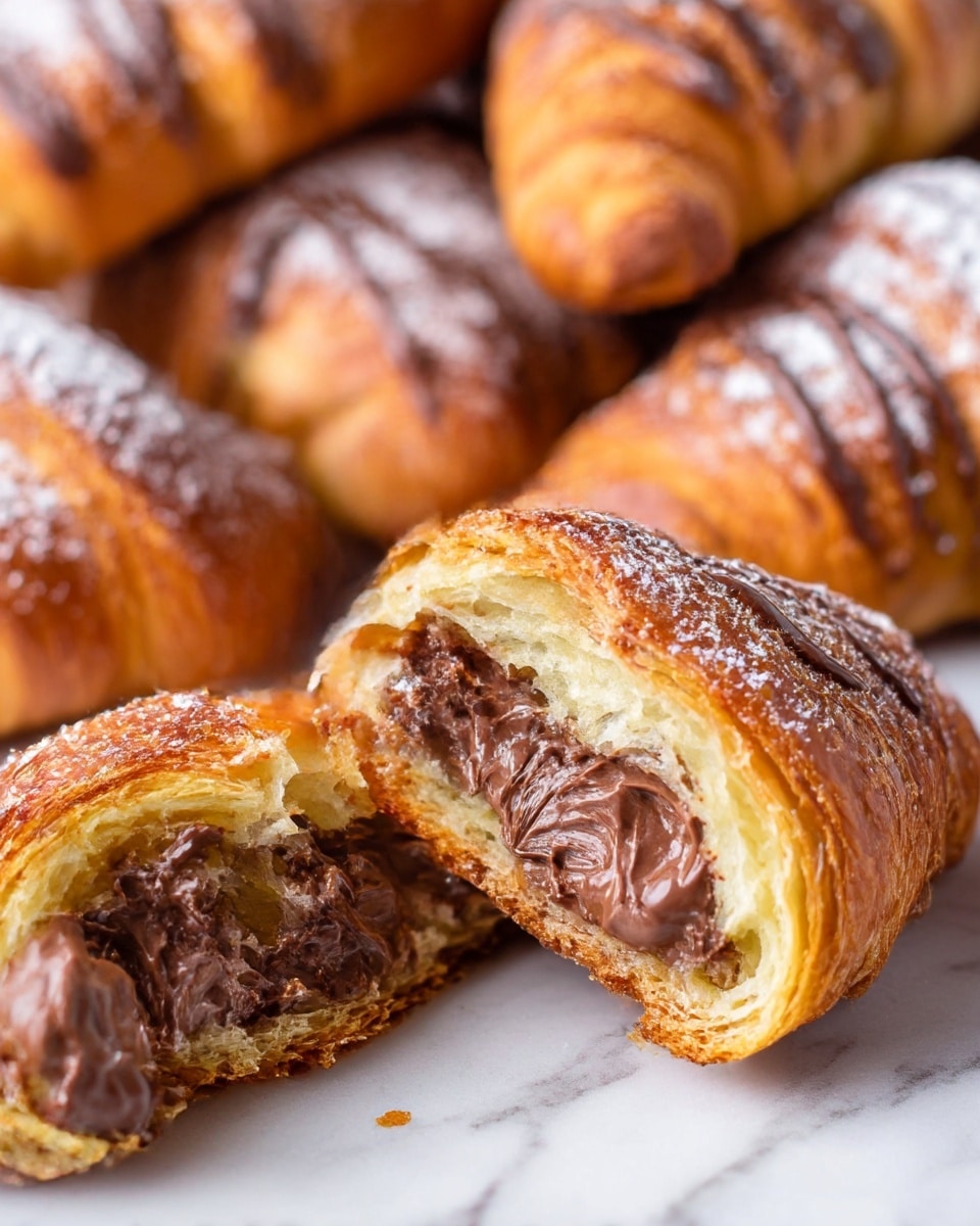 A close-up view of several croissants arranged on a white marbled surface, with the front croissant torn open to show its many flaky layers in light golden brown. The inside reveals soft, airy dough with rich, glossy milk chocolate spread thickly on multiple layers. More chocolate is drizzled on top and dusted with powdered sugar, creating a contrast against the golden crust. In the background, whole croissants with similar chocolate drizzles and powdered sugar add depth to the image. The texture of the croissants looks crispy and light, with shiny smooth chocolate on top and inside. Photo taken with an iphone --ar 4:5 --v 6.1