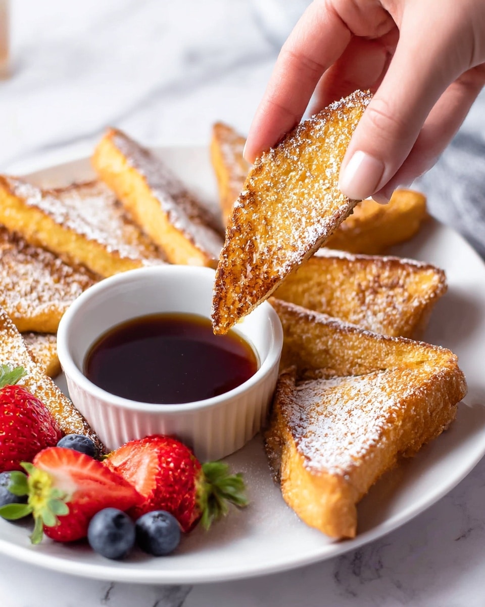 A white plate on a white marbled surface holds several triangular golden brown pieces of French toast dusted with white powdered sugar. A small white bowl filled with dark maple syrup sits on the plate, placed near fresh red halved strawberries with green leaves and a few round blue blueberries. A woman's hand is holding one piece of French toast, dipping it halfway into the syrup. The toast has a crispy texture with a slightly darker edge. Photo taken with an iphone --ar 4:5 --v 6.1