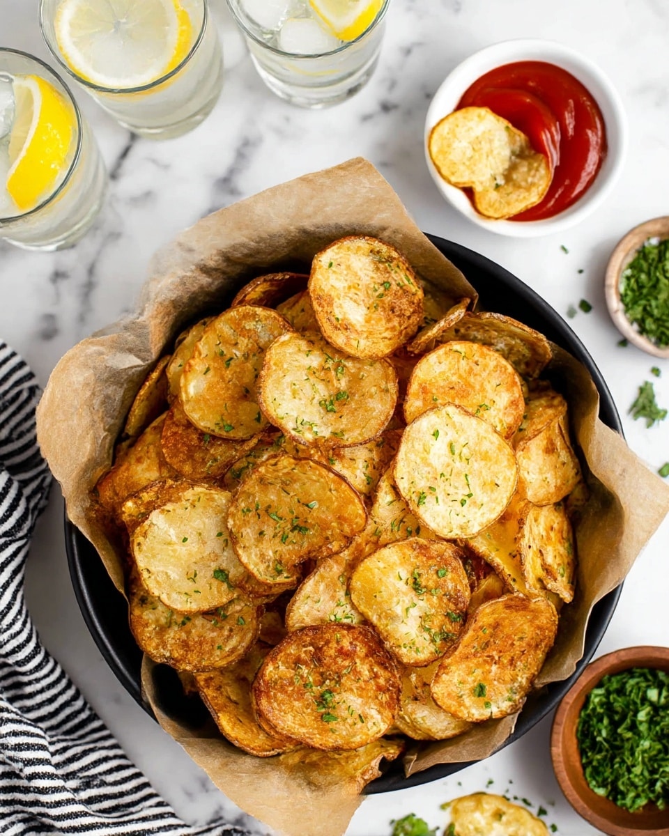 A black bowl lined with light brown parchment paper is filled with many round, golden brown potato chips that have a slightly crispy texture with some green herb sprinkles on top. The chips are thick and unevenly shaped, piled high, showing some chips leaning over the bowl’s edge. To the upper right of the bowl is a small white bowl with red ketchup and one chip partially dipped in it. The surface beneath is white with a marble pattern, and scattered fresh green herbs and a small brown bowl filled with more green herbs are visible nearby. Two clear glasses with ice and lemon wedges are placed at the top left corner. A black and white striped cloth is partially visible at the bottom left corner. Photo taken with an iphone --ar 4:5 --v 6.1
