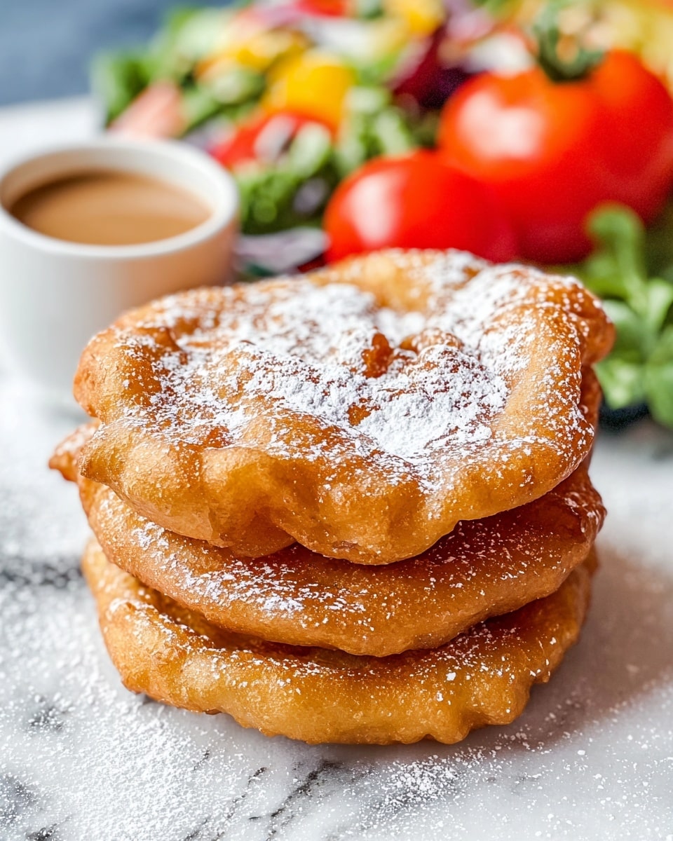 A stack of three golden brown fried breads with a light sprinkle of white powdered sugar on the top bread sits in the center of a white marbled surface; the breads have a rough and slightly crinkled texture, showing the crispy fried edges. In the blurred background, there are bright red tomatoes and a colorful mixed salad with green, yellow, and red elements out of focus, adding vibrant contrast to the warm tones of the bread. A small white cup with a light brown liquid sits to the left side, partially in the frame. photo taken with an iphone --ar 4:5 --v 7