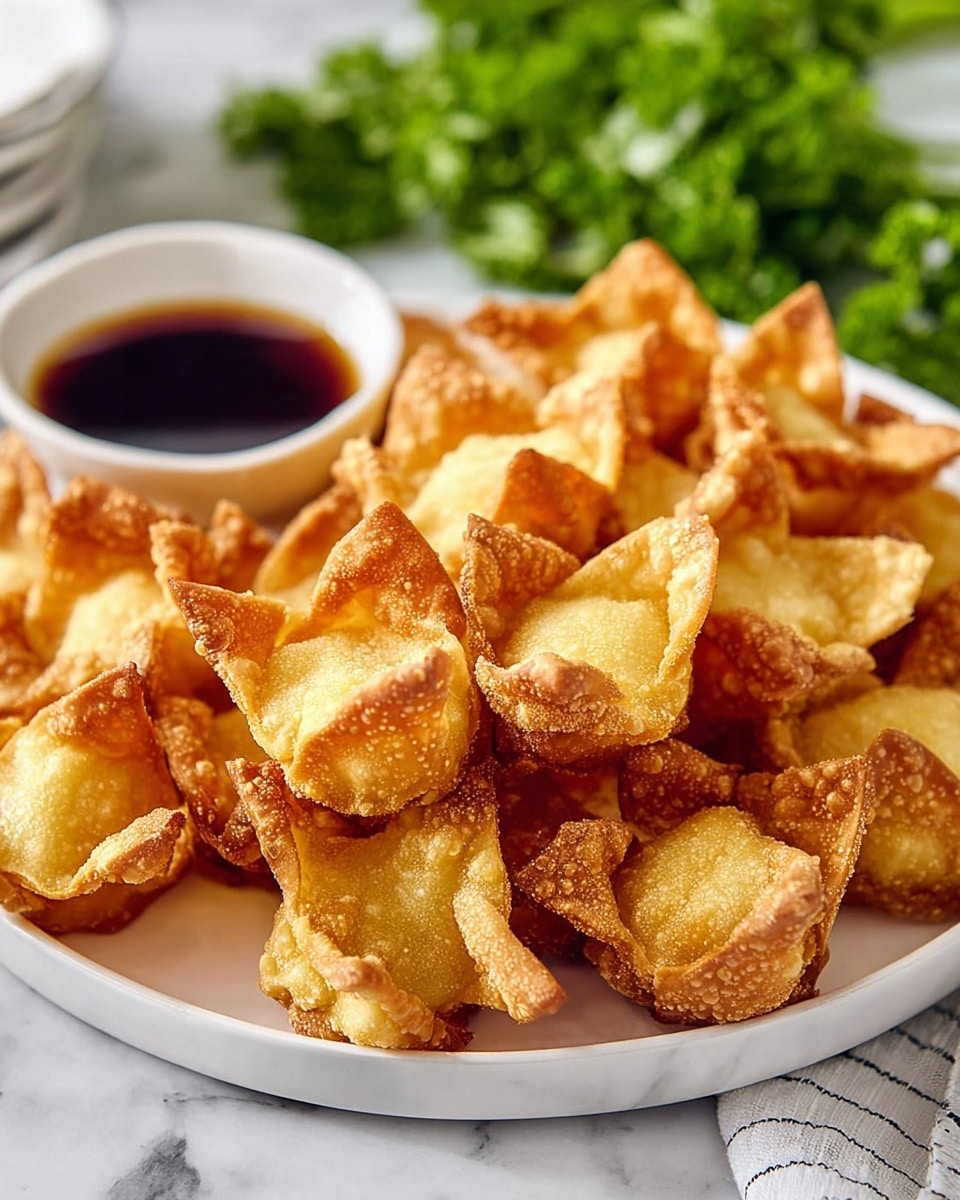 A woman's hand is holding one golden, crispy fried wonton with a slightly bubbled texture and folded edges, dipping it into a small white round bowl filled with dark brown soy sauce. Around the bowl, several more fried wontons with a similar golden-brown appearance are scattered. Fresh green parsley sprigs are placed near the bowl, all set on a white marbled surface. The photo taken with an iphone --ar 4:5 --v 7