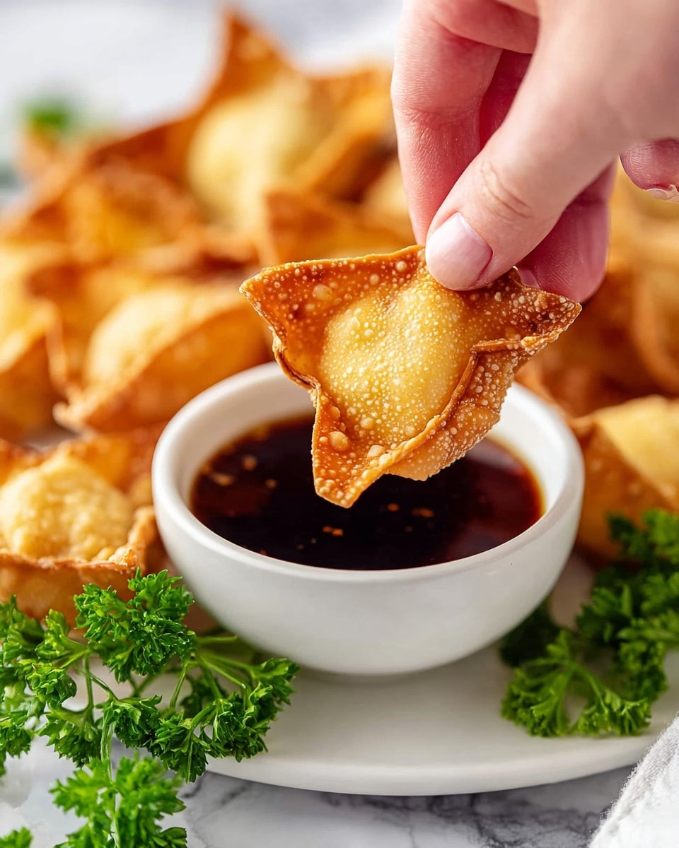 The image shows a white plate filled with many small, golden brown fried wontons, each having a crisp texture and slightly curled edges, stacked unevenly in layers. On the upper left side of the plate, there is a small white bowl filled with a dark soy sauce, adding color contrast. The plate sits on a white marbled surface, and the background includes blurred green parsley, giving a fresh feel. The overall look focuses on the warm, crunchy surface of the wontons against the clean, bright setting. photo taken with an iphone --ar 4:5 --v 7