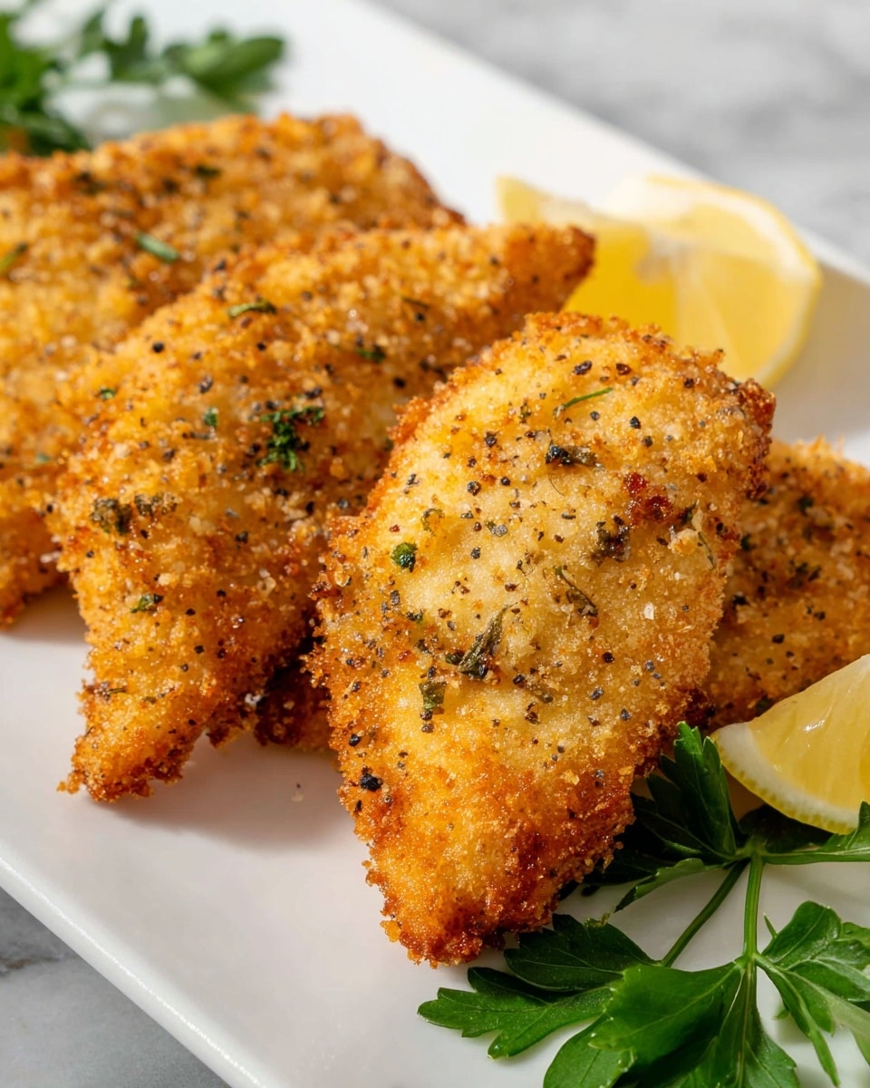 The image shows three pieces of golden-brown, crispy fried cutlets arranged in a slightly overlapping row on a white rectangular plate. The cutlets have a rough, crunchy texture with visible specks of seasoning on the surface. Around the edges and between the cutlets, thin slices of lemon are placed, adding a touch of yellow contrast to the warm tones of the cutlets. The plate sits on a white marbled surface, with parts of two whole lemons blurred in the background. The lighting highlights the crunchy texture and warm color of the fried cutlets, making them look fresh and appetizing photo taken with an iphone --ar 4:5 --v 7