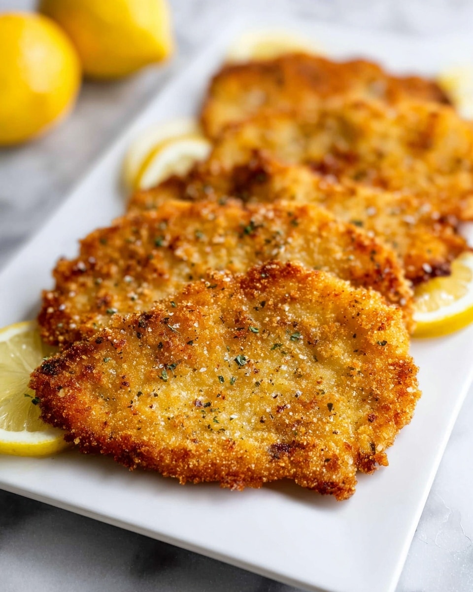 The dish shows a white round plate with two large golden brown crispy coated fillets placed on the top half, each with a crunchy textured surface dotted with pepper and herbs. Below them, there is a neat layer of bright green steamed asparagus spears with a fresh and smooth texture. On the side of the plate, two thin lemon slices peek out from under the fillets, adding a pale yellow color. The plate sits on a white marbled surface, near a small pile of grated cheese or seasoning. In the background, fresh green parsley adds a splash of color. To the right of the plate, there is a white sauce boat with white creamy sauce and a silver fork and knife are placed beside the plate. photo taken with an iphone --ar 4:5 --v 7