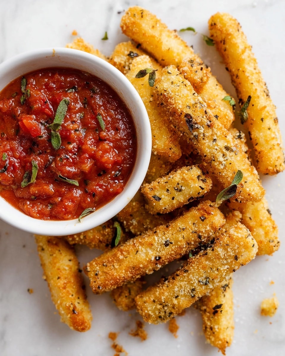 The image shows a white bowl filled with chunky red tomato sauce placed near the top left corner on a white marbled surface. Around the bowl, there are about ten golden brown fried sticks seasoned with herbs and small green leaves scattered on top. The sticks have a crispy texture and some crumbs are visible on the surface. The sauce has pieces of tomato and herbs, giving it a thick and chunky look. photo taken with an iphone --ar 4:5 --v 7