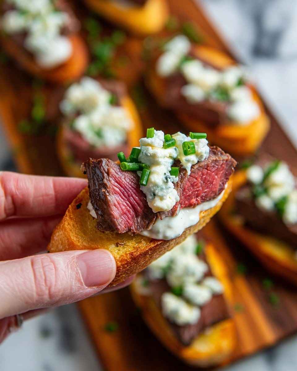 A close-up of a woman's hand holding a small white toasted slice of bread topped with a thick piece of pink, cooked meat, a dollop of white creamy sauce, crumbled white cheese, and small green chopped herbs. In the background, there are more toast pieces with the same toppings arranged on a wooden board over a white marbled surface. A clear bowl with more crumbled white cheese is slightly out of focus. Photo taken with an iphone --ar 4:5 --v 7