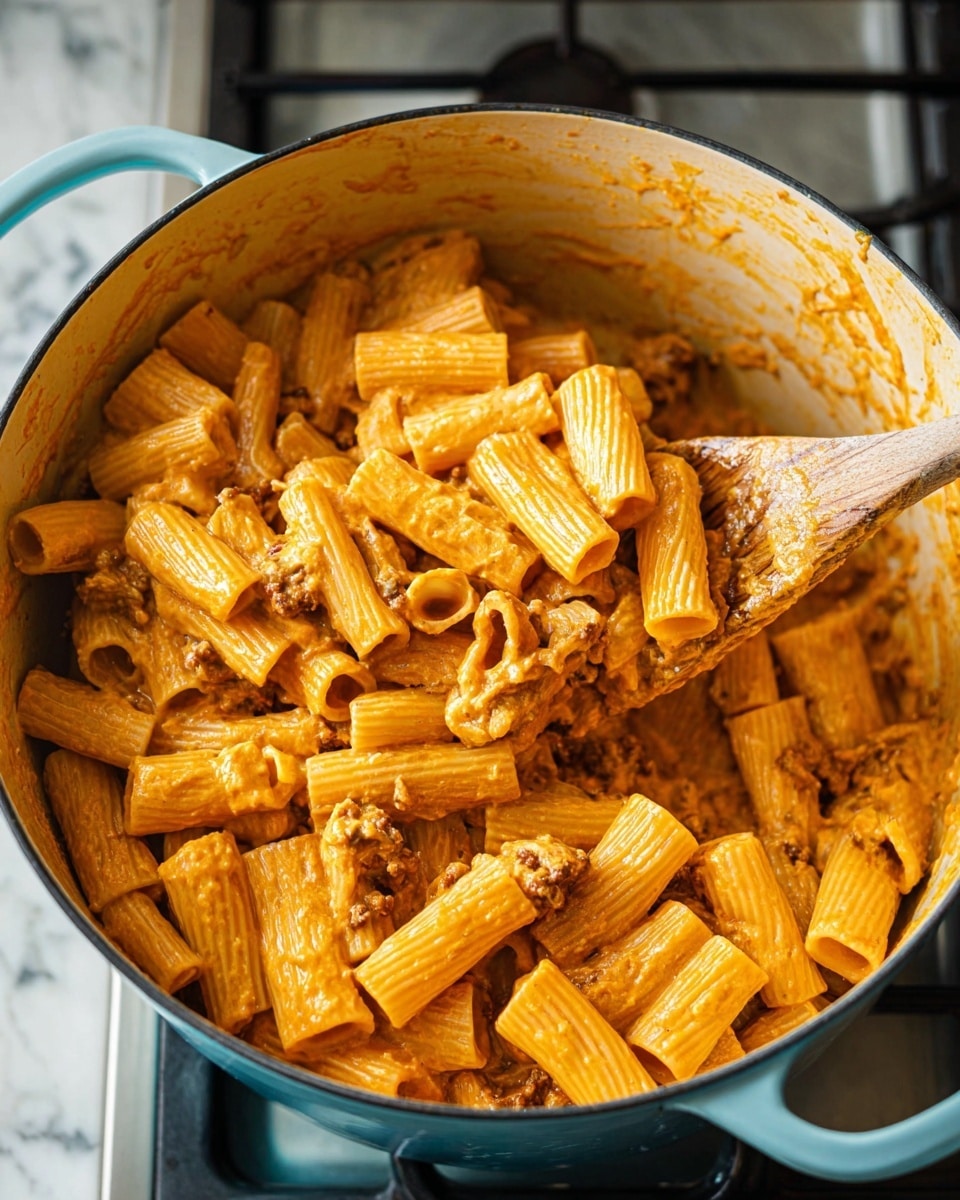 A light blue pot filled with rigatoni pasta mixed with a creamy orange sauce containing bits of ground meat is shown from above. The rigatoni pasta has ridged texture and is evenly coated with the thick sauce, making the dish look rich and hearty. A wooden spoon is stirring the pasta on the right side inside the pot, and the light blue pot sits on a stove with metal burners. The background is a white marbled surface. photo taken with an iphone --ar 4:5 --v 7