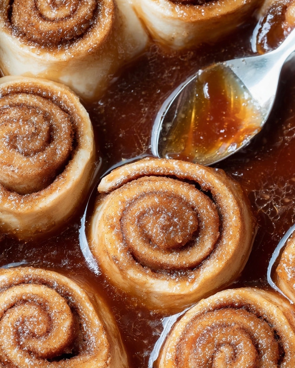 A single cinnamon roll with visible layers spiraled from the center out, showing light golden dough with a dusting of cinnamon on top, sits on a white plate. The bottom half is soaked in a shiny, thick caramel sauce that pools around the base, creating a glossy amber border. A silver fork lies next to the cinnamon roll on the plate. In the background, a glass bowl containing more cinnamon rolls and a yellow container are visible, with the entire scene placed on a white marbled surface. Photo taken with an iphone --ar 4:5 --v 7